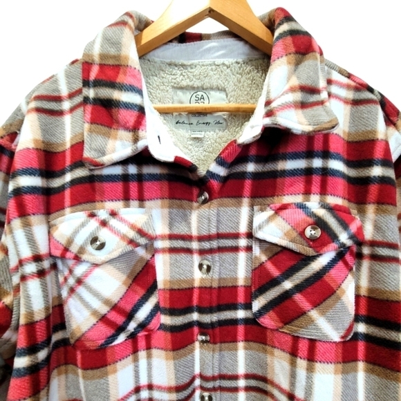 XXL Plaid Fleece Button Down Jacket w/Sherpa Lining & Chest & Front Side Pockets - Picture 6 of 9